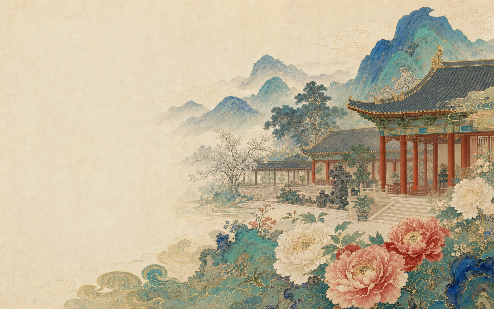 原创工笔青绿画:牡丹、书院庭院与远山