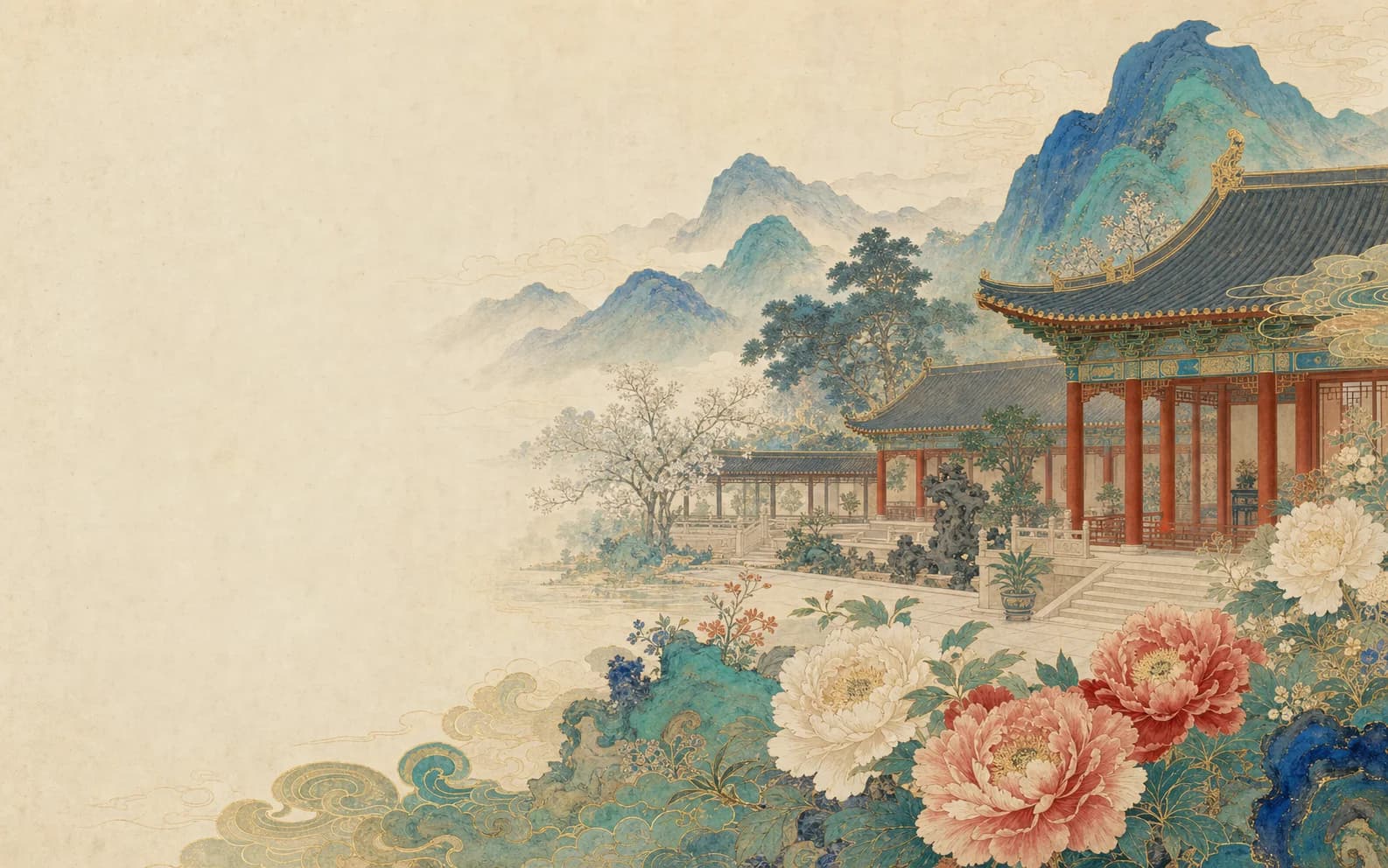 原创工笔青绿画:牡丹、书院庭院与远山